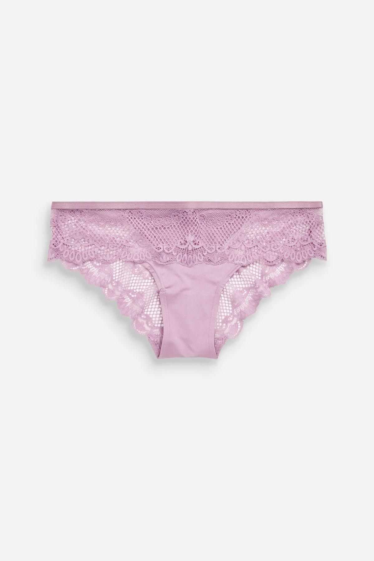 Lilac purple lace bikini underwear, flat lay view