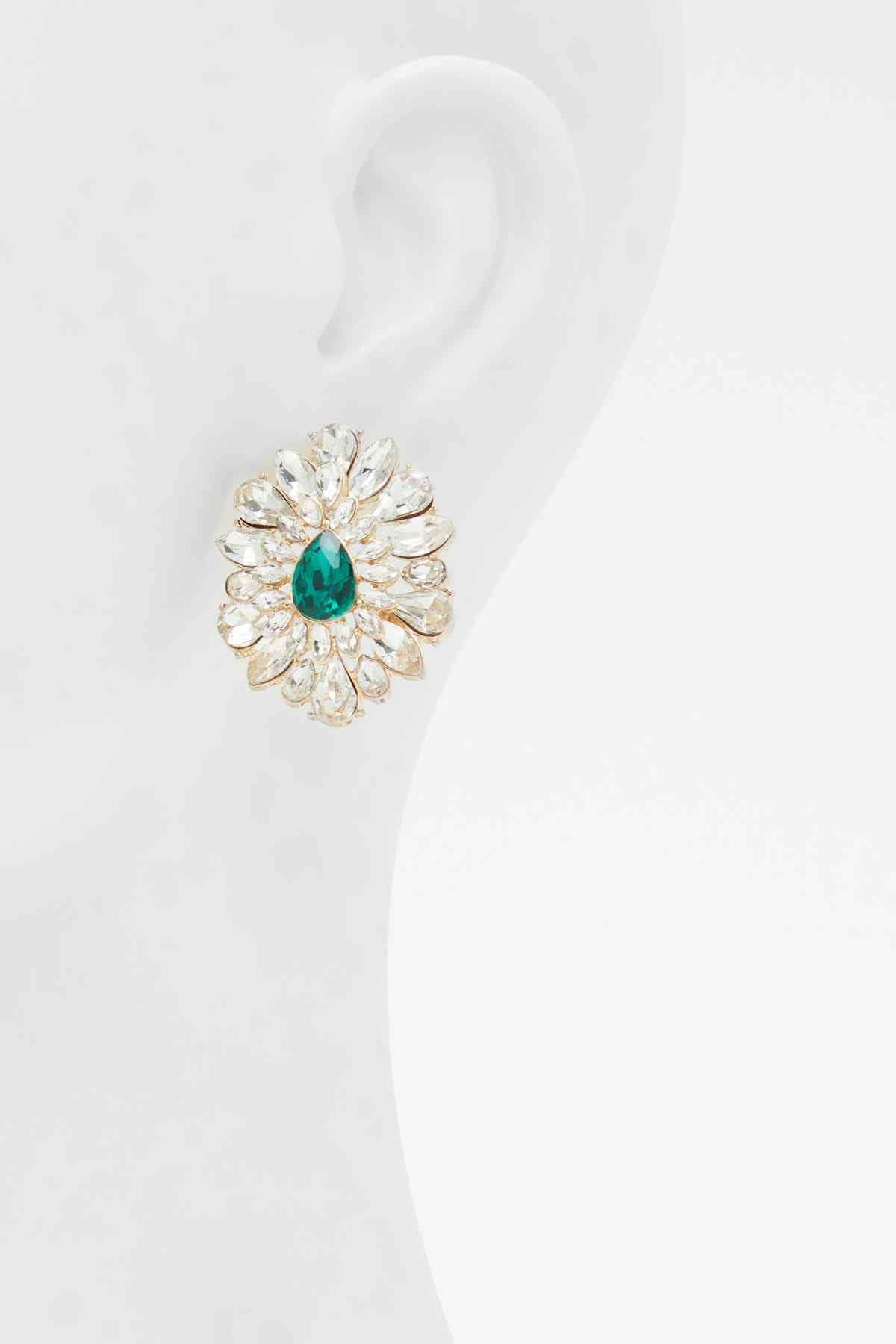 Floral crystal stud earring with teal teardrop center, gold-tone petal design