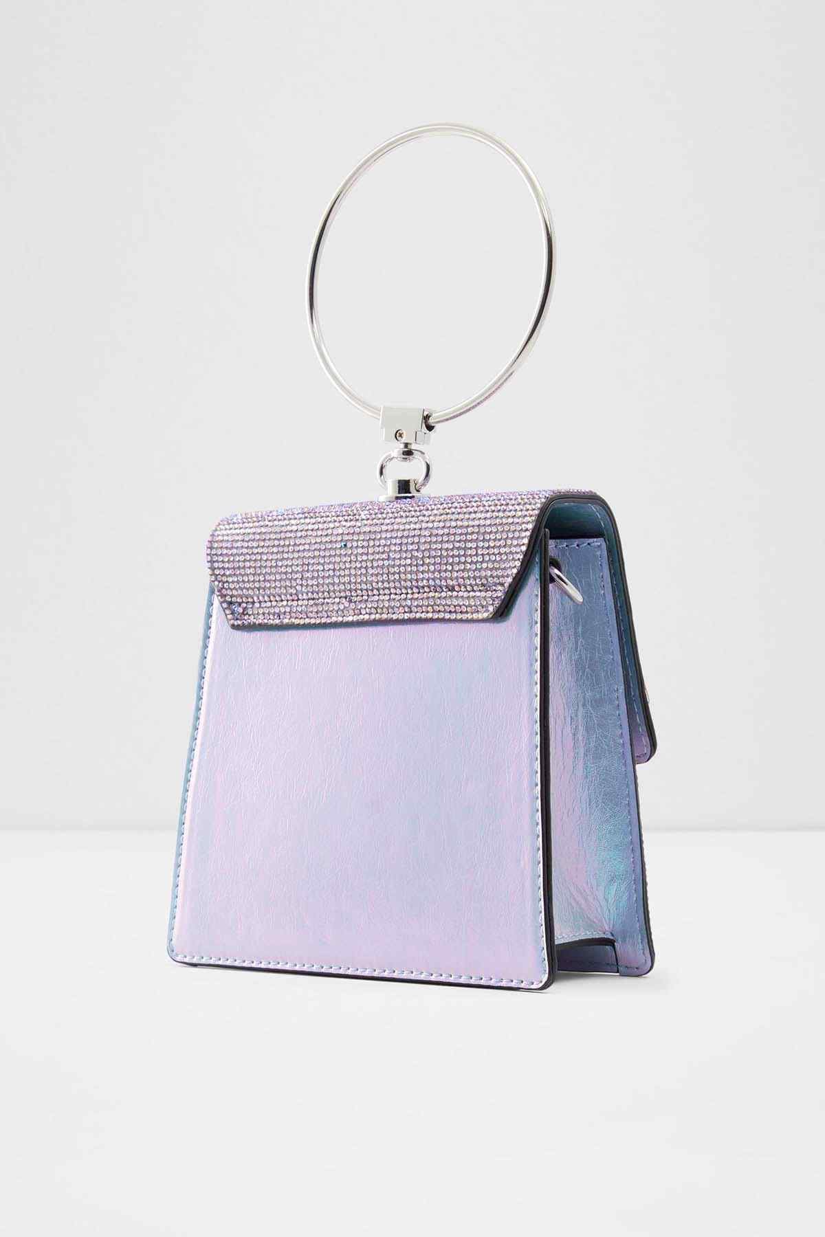 ALDO light purple rhinestone handbag with ring handle and hinged flap