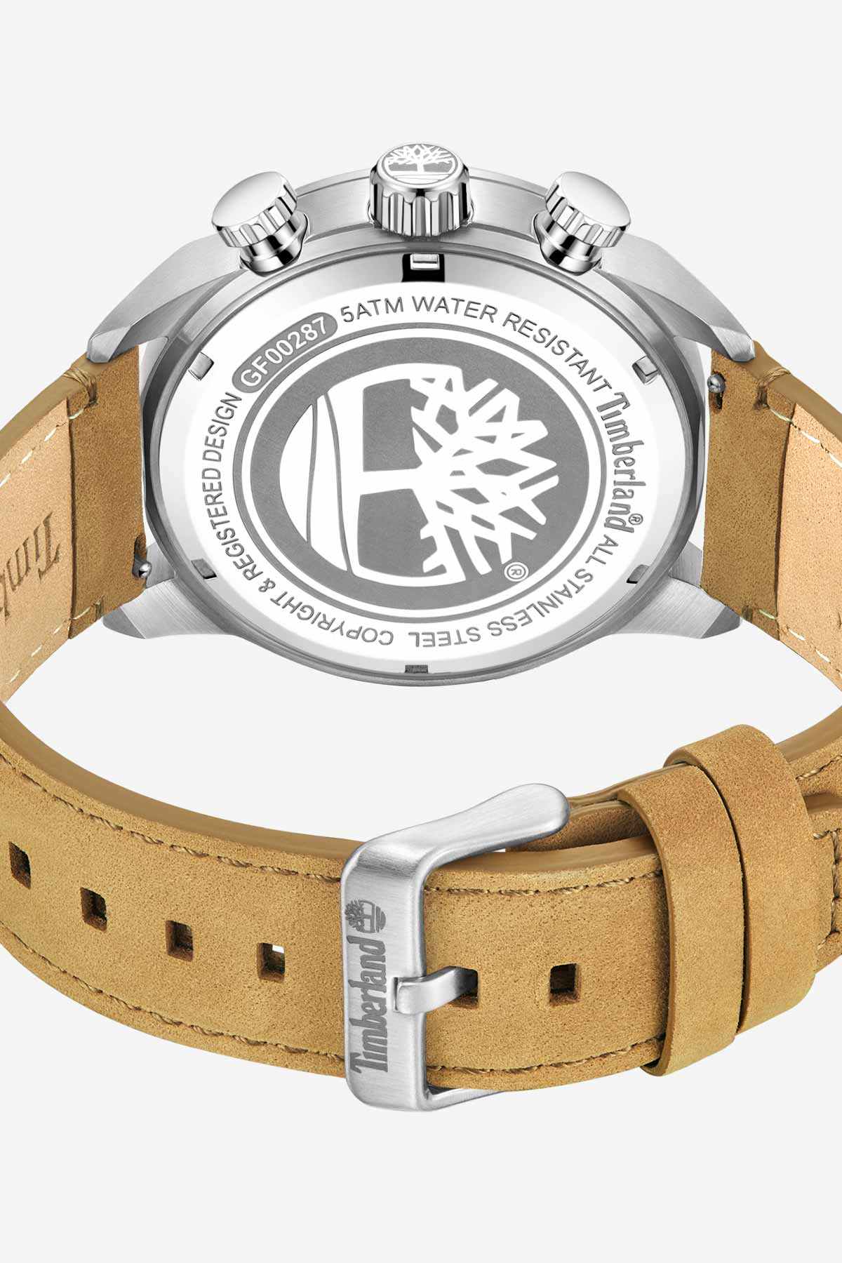 Watch caseback with engraved marks, silver case, tan leather strap with buckle