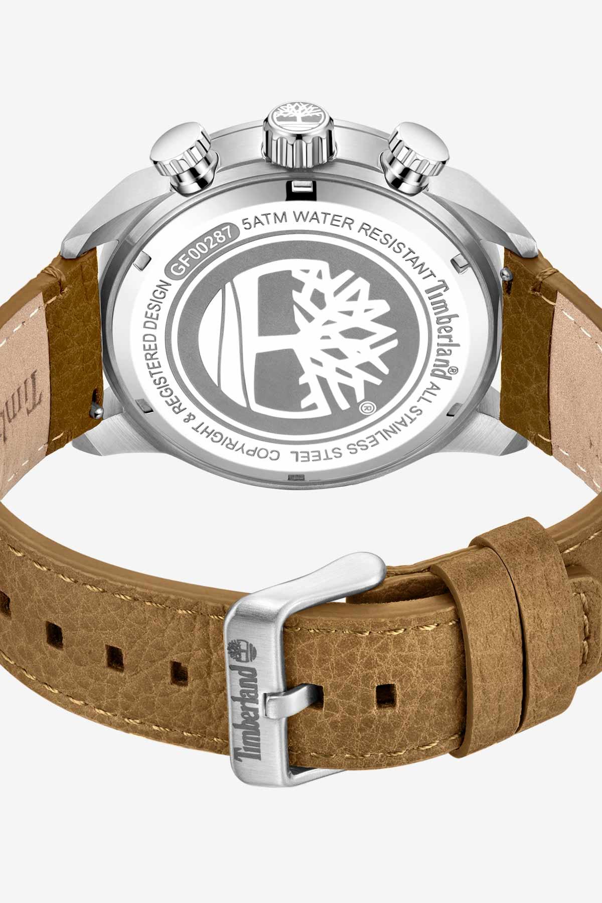Timberland watch case back with water-resistance engraving and brown leather strap with buckle