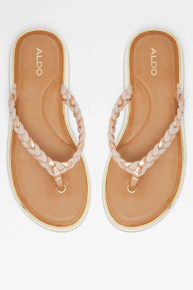 ALDO light pink braided thong sandals, pair view of tan footbeds