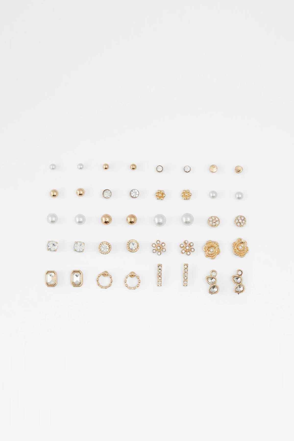 Gold-tone and clear multi stud earrings assortment with small crystal-like stones