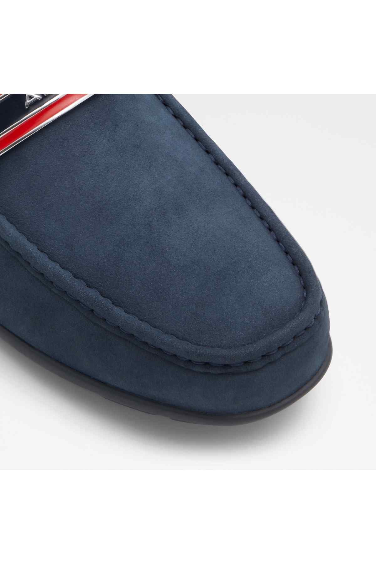 ALDO navy suede loafer close-up of moc toe stitching and side seam