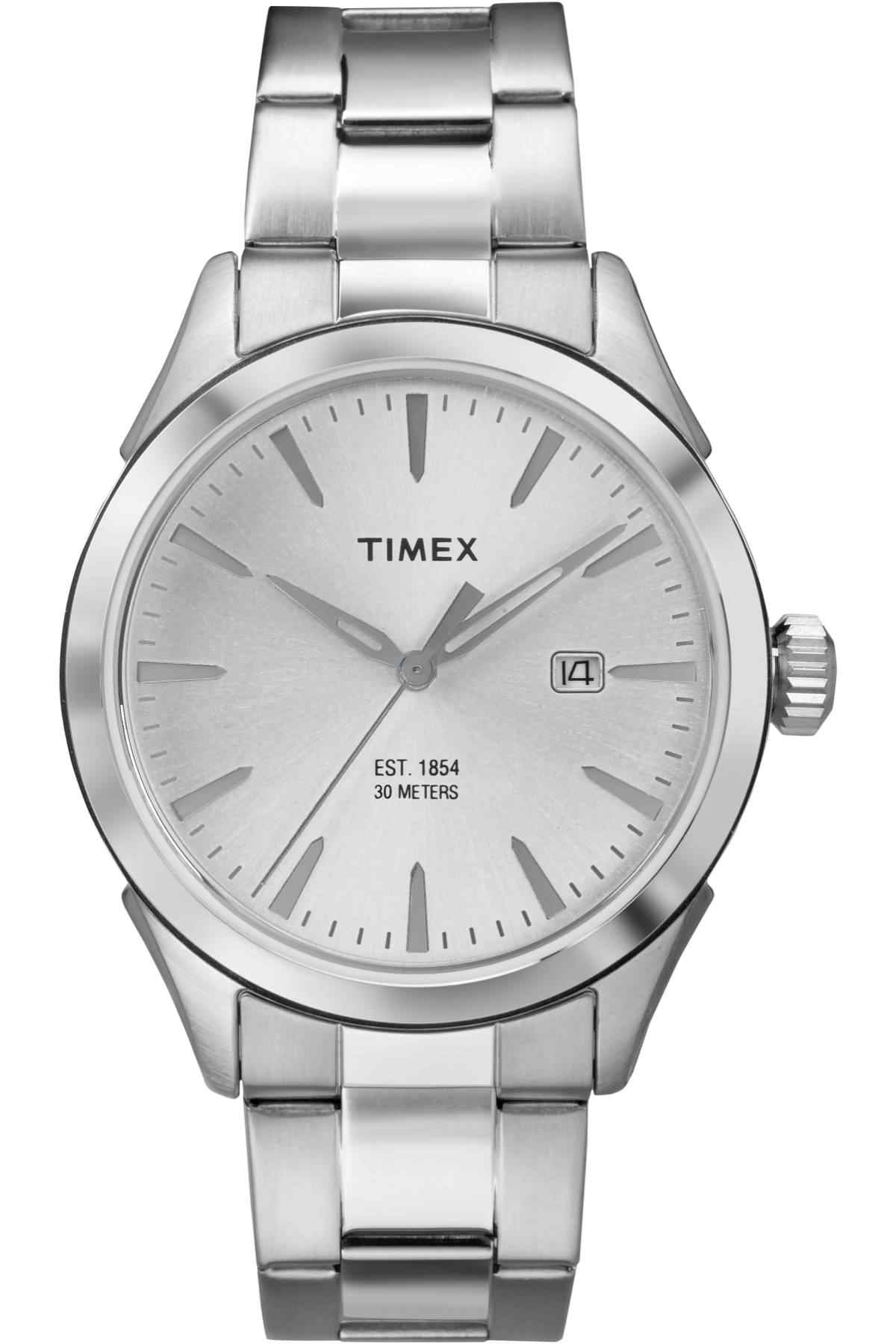 Silver metal wristwatch with round white dial and date window at 3 o’clock