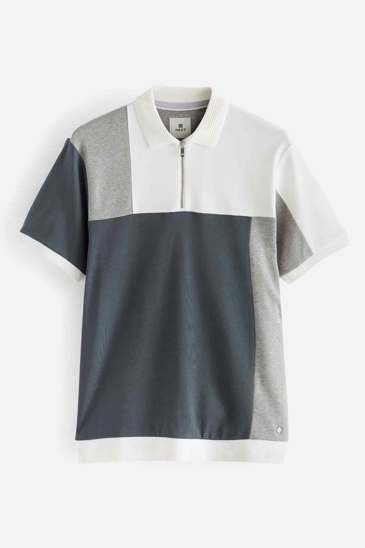 Colorblock polo shirt with half-zip, white collar, grey and dark navy front