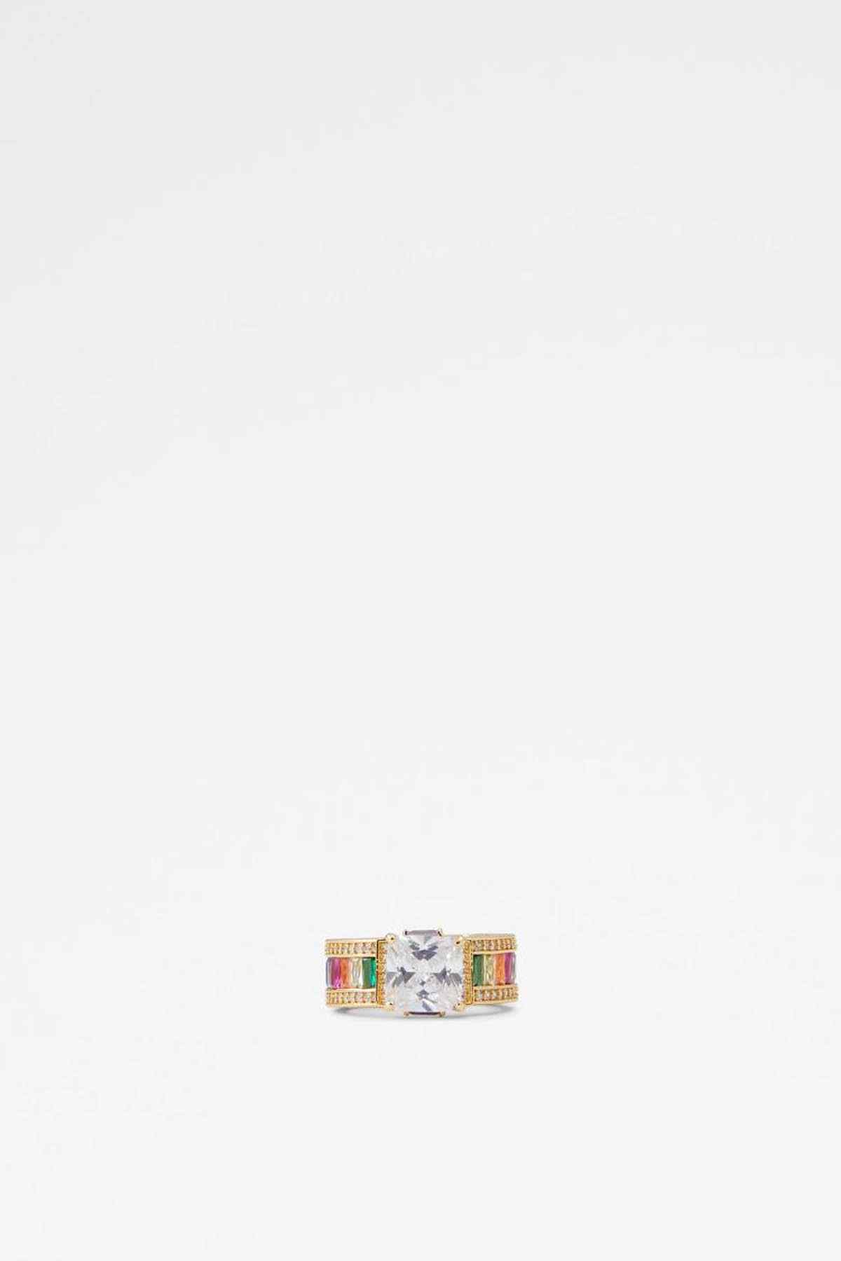 Gold-tone gemstone ring with bright multi-color side stones and rectangular center