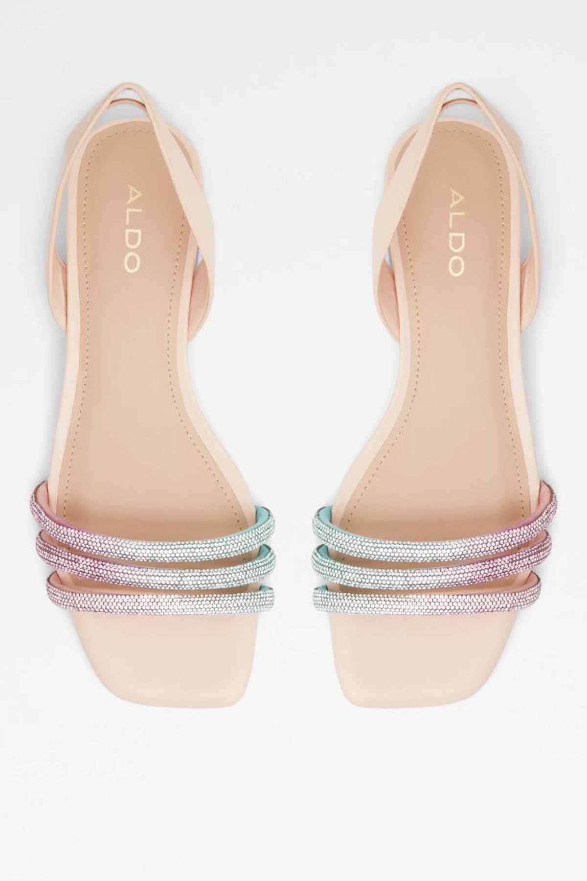 Light pink ALDO sandals with three rhinestone straps, open toe, flat heel
