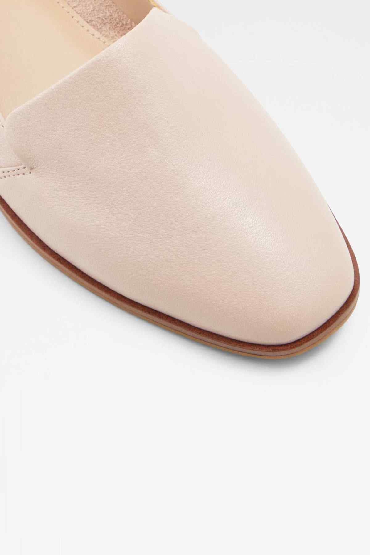 ALDO light pink loafer close-up, smooth upper with subtle stitching and brown sole