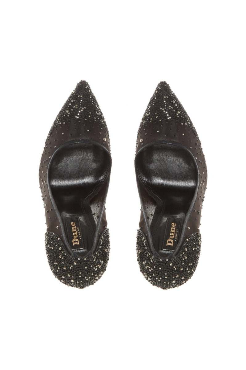 Black glitter stiletto heel pump pair, showing insides with brand label