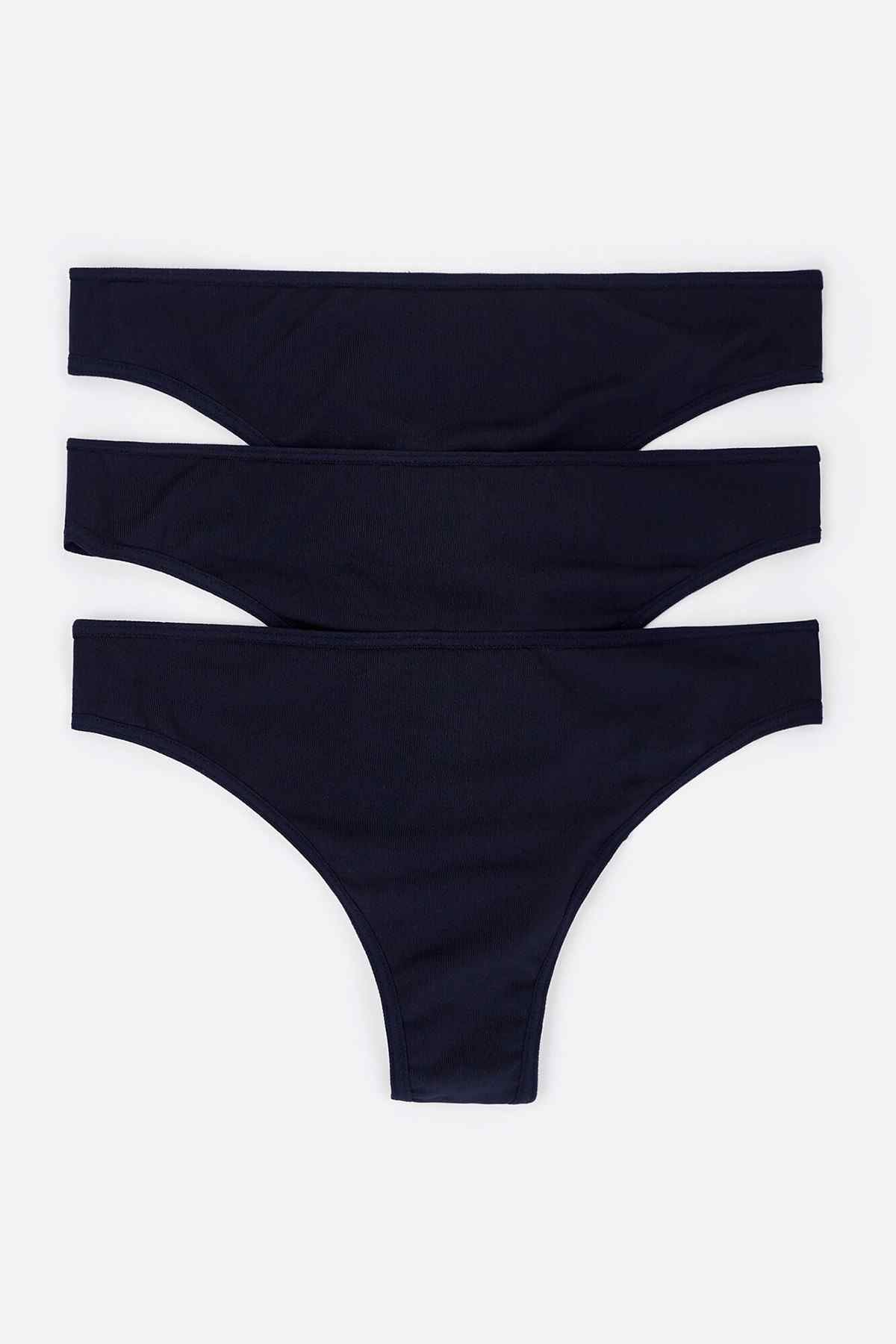 Set of three black bikini underwear in folded stack, with wide elastic waistband