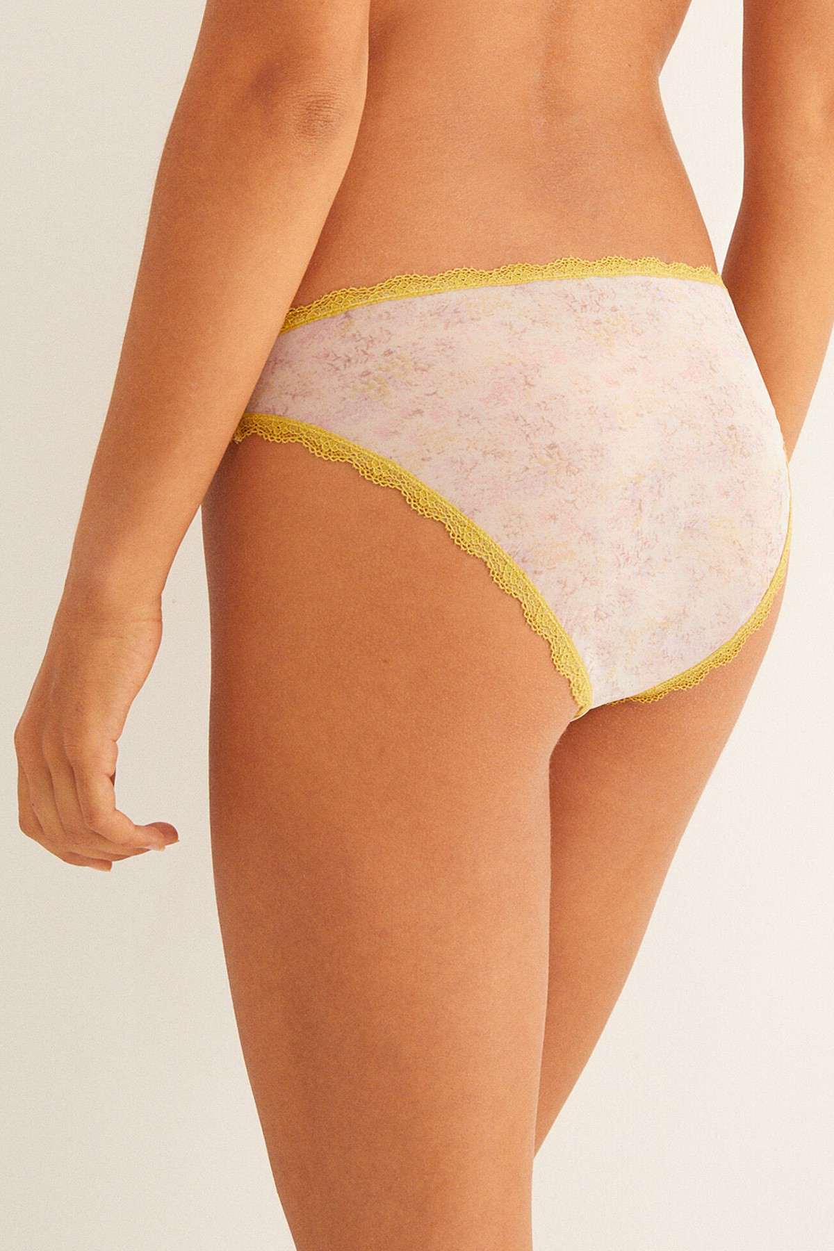 Women'secret bikini briefs with yellow lace trim, light pink lace waistband