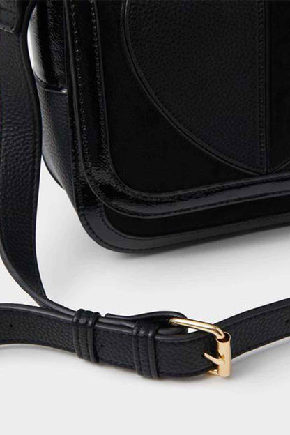 Black crossbody bag strap with gold buckle and stitched edge