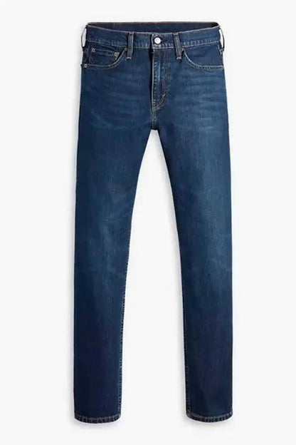 Levi's dark indigo denim jeans, straight-leg front view with visible button and pockets