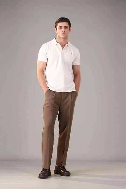 Fitted white polo shirt with short sleeves, button placket, and small chest logo