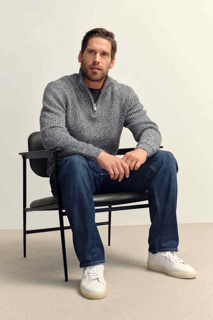 Grey knit half-zip sweater with long sleeves and ribbed hem