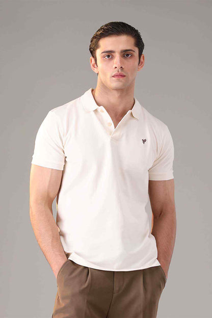 Fitted white polo shirt front view with collar and short sleeves, chest logo