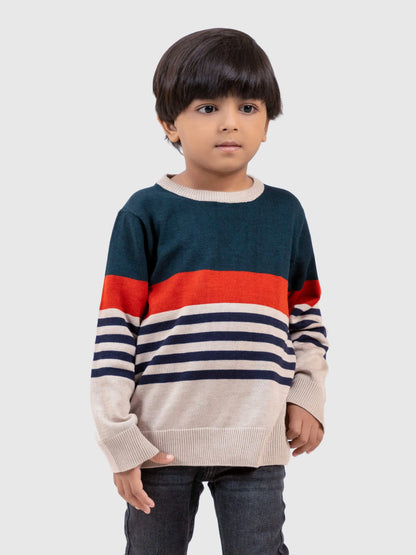 Kids striped knit sweater, dark teal with red and navy-and-beige stripe bands