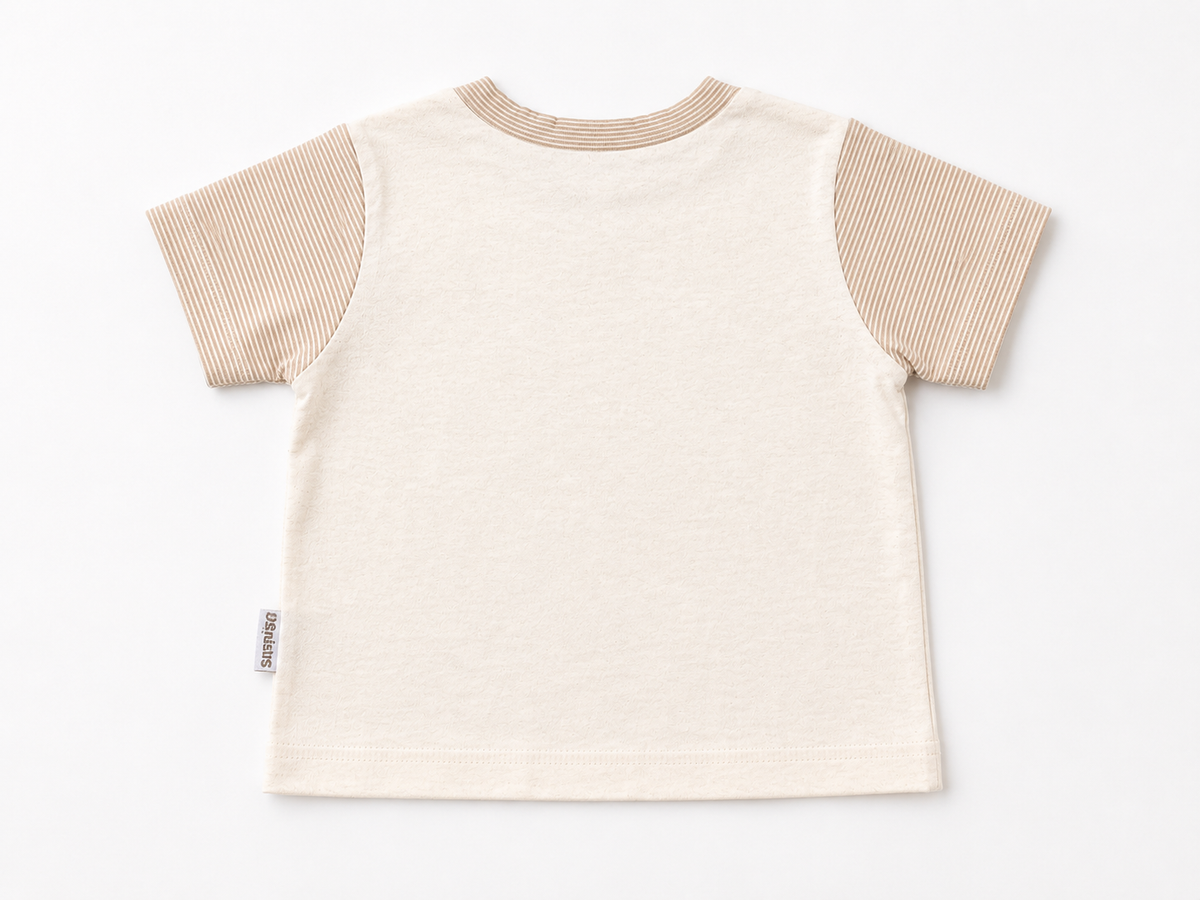 Cream baby T-shirt back view with striped sleeves and ribbed crew neckline