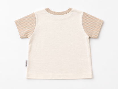 Cream baby T-shirt back view with striped sleeves and ribbed crew neckline