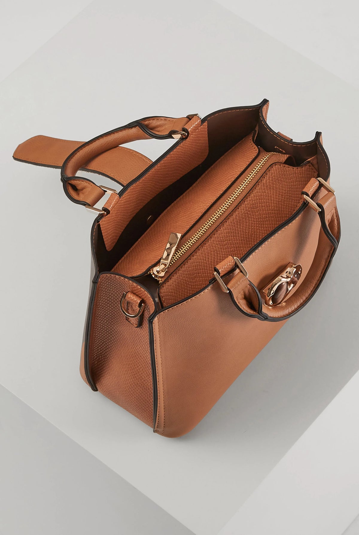 Luella Grey brown satchel-style handbag with zipper pocket and side loops