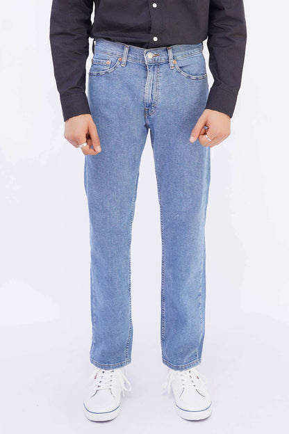 Levi's light blue denim straight-leg jeans with button fly and belt loops