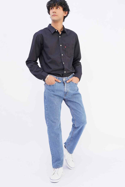 Levi's light blue denim straight-leg jeans with button fly and front pockets