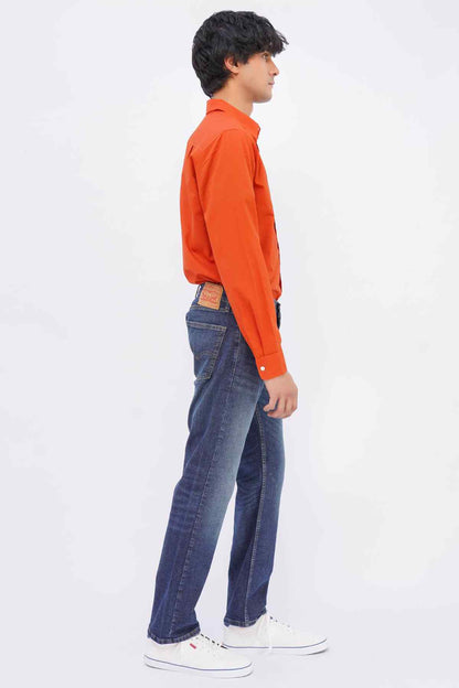 Levi's blue denim straight-leg jeans, side profile