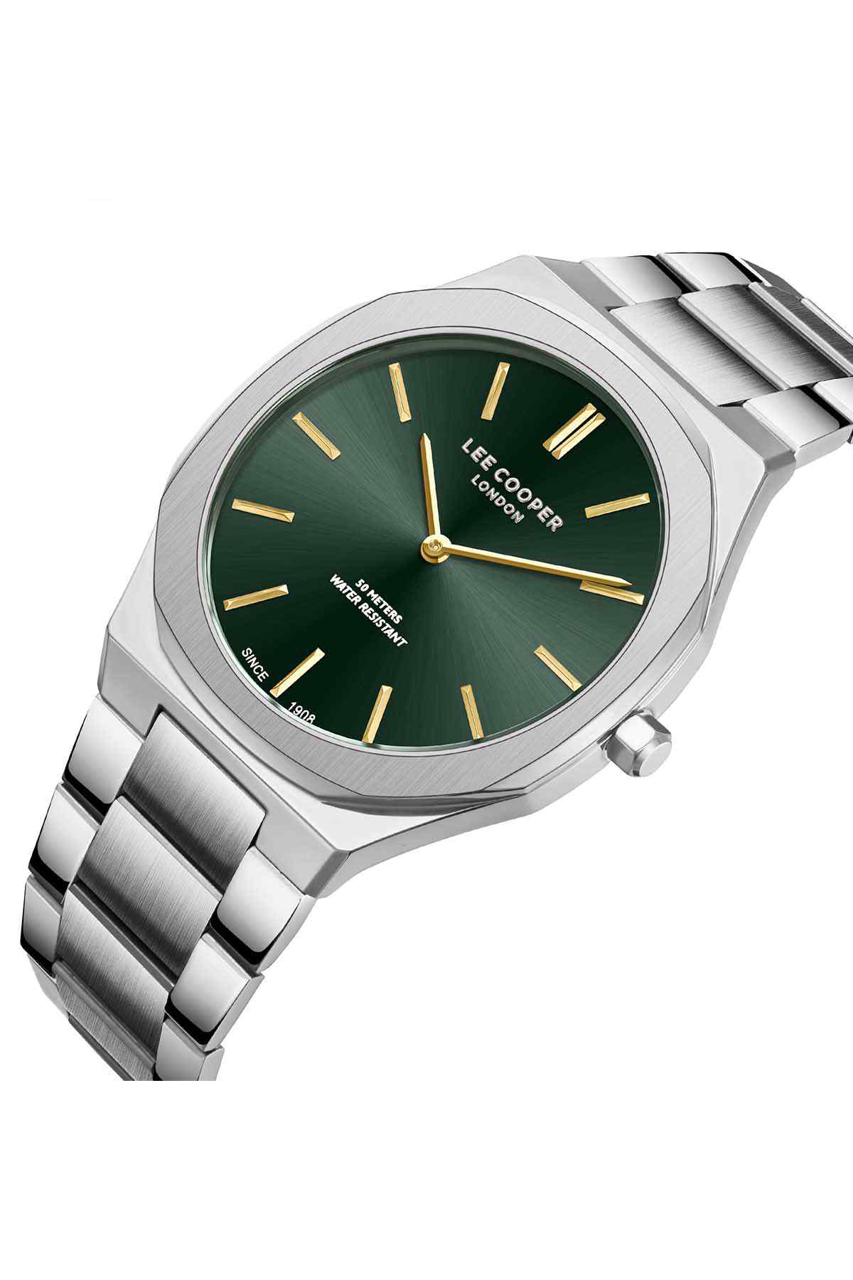 Lee Cooper wristwatch, angled view: green dial with gold markers, silver steel case