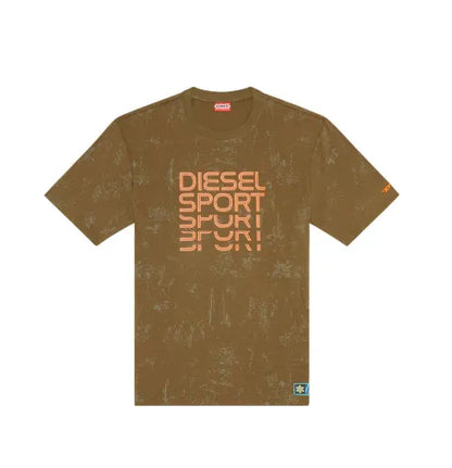 Olive T-shirt with orange "Diesel Sport" chest graphic and small side logo
