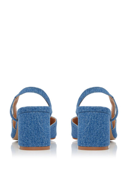 Blue denim slingback sandals with back strap and tan heel lining