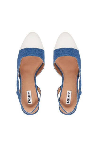 Blue denim slingback sandals with white toe caps and tan lining