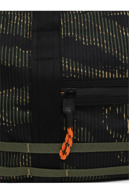 Diesel duffel bag front zipper with black pull and orange pull cord