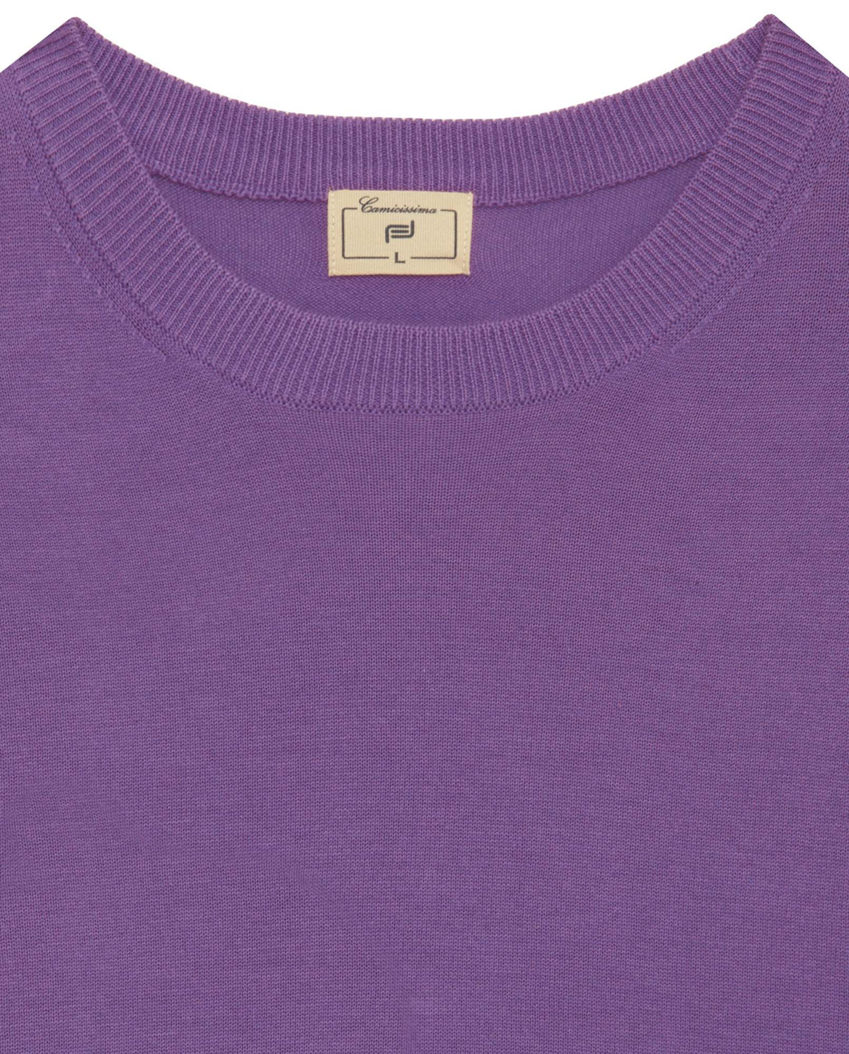 Camicissima purple knit sweater close-up of crew neck and brand label