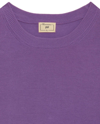 Camicissima purple knit sweater close-up of crew neck and brand label