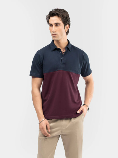 Color-block polo shirt, navy upper panel and burgundy midsection, short sleeves, cotton