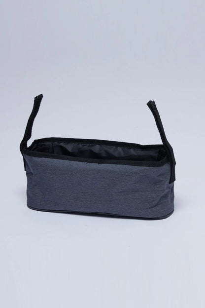 Grey stroller organizer bag with open top and black side handles