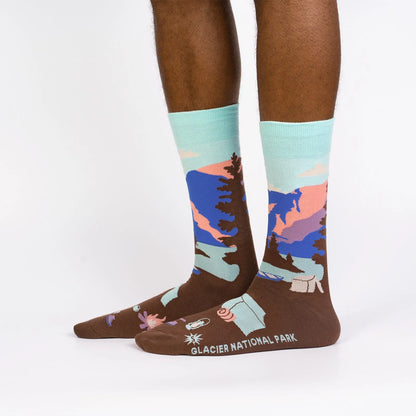 Funky Dunky crew socks in brown with blue orange landscape, Glacier National Park graphic