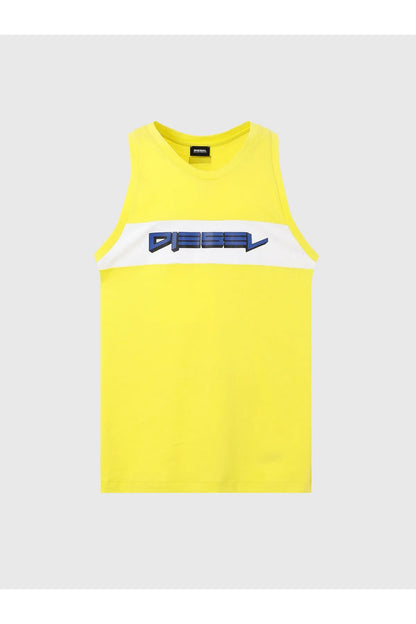 Diesel yellow sleeveless tank top with blue front graphic stripe