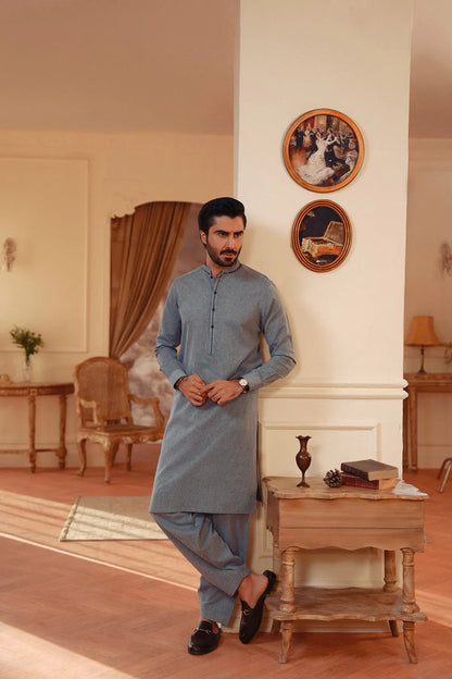 Men's blue-gray yarn-dyed kurta and trousers, front stance with long sleeves