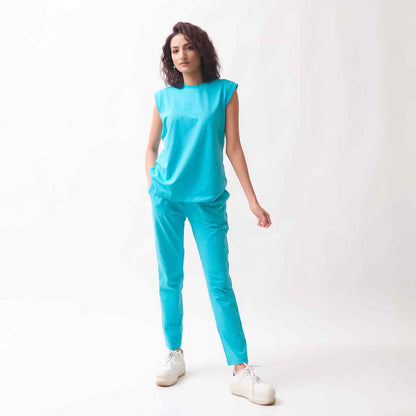 Turquoise sleeveless tunic and matching jogger pants set with crew neckline