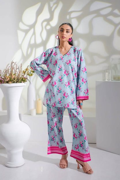 Dhaga floral pajama set: light blue kurta and pants with pink blossoms and trim