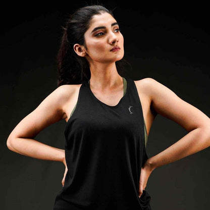 Bodybrics black racerback tank top with scoop neck and curved hem