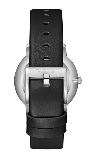 BHPC watch with black leather strap and silver-tone caseback details