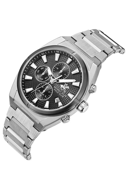Silver metal chronograph watch with black dial, three subdials, visible crown and pushers.