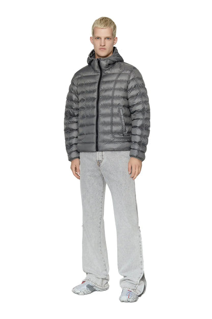 Diesel grey hooded puffer jacket with zip front and quilted pattern, front view