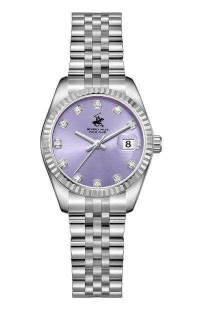 BHPC silver metal wristwatch with purple dial, diamond hour markers and date window