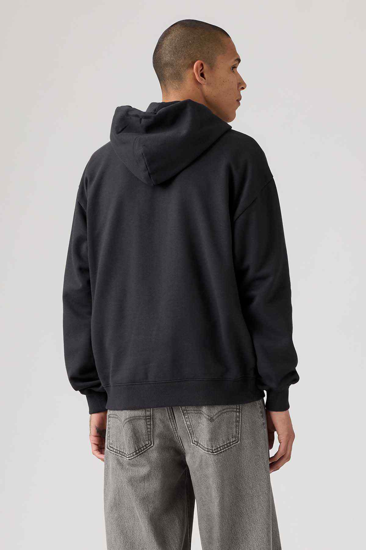 Levi's dark gray pullover hoodie from back view with hood and ribbed cuffs