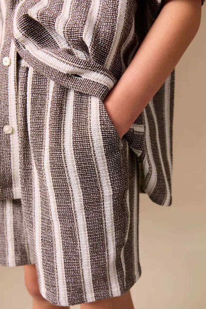 Brown and white striped shirt fabric with button placket and short sleeves