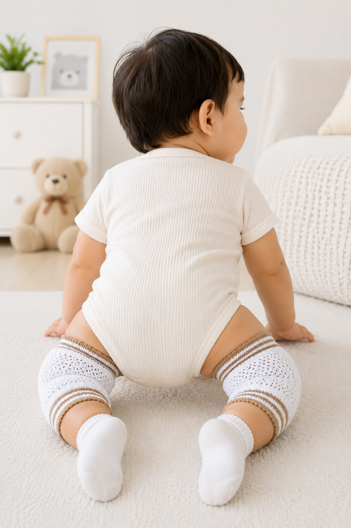 Cream striped baby bodysuit and matching knitted socks, rear view